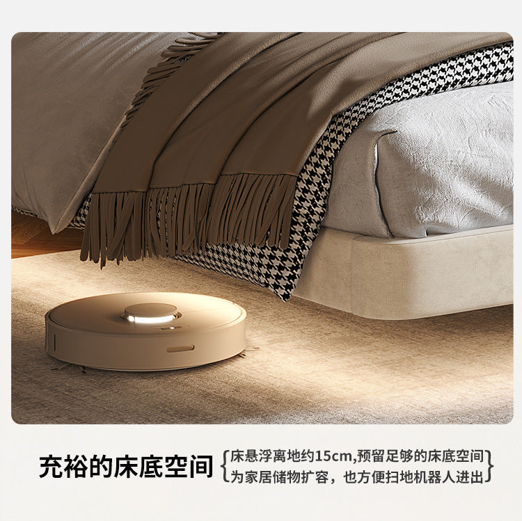 Floating-style storage bed with warm neutral styling and padded headboard