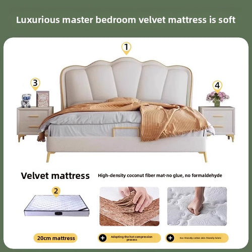Cream butterfly upholstered bed with sculpted headboard detail