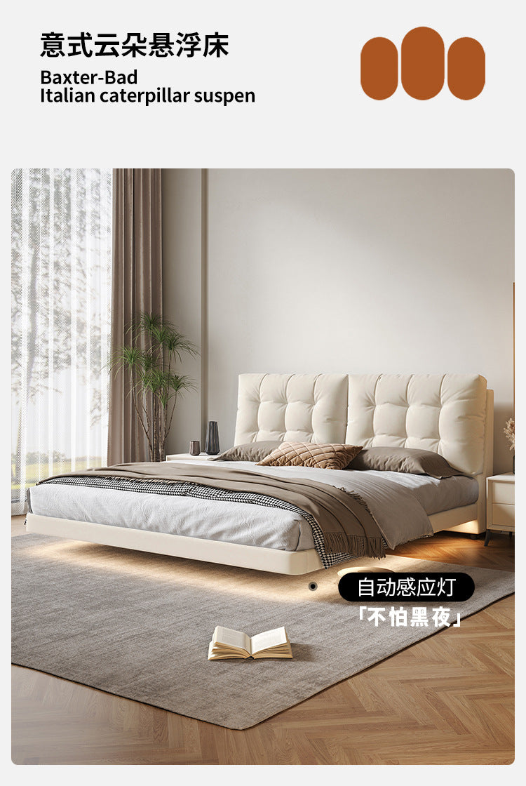 Cream storage bed with low silhouette and softly upholstered headboard