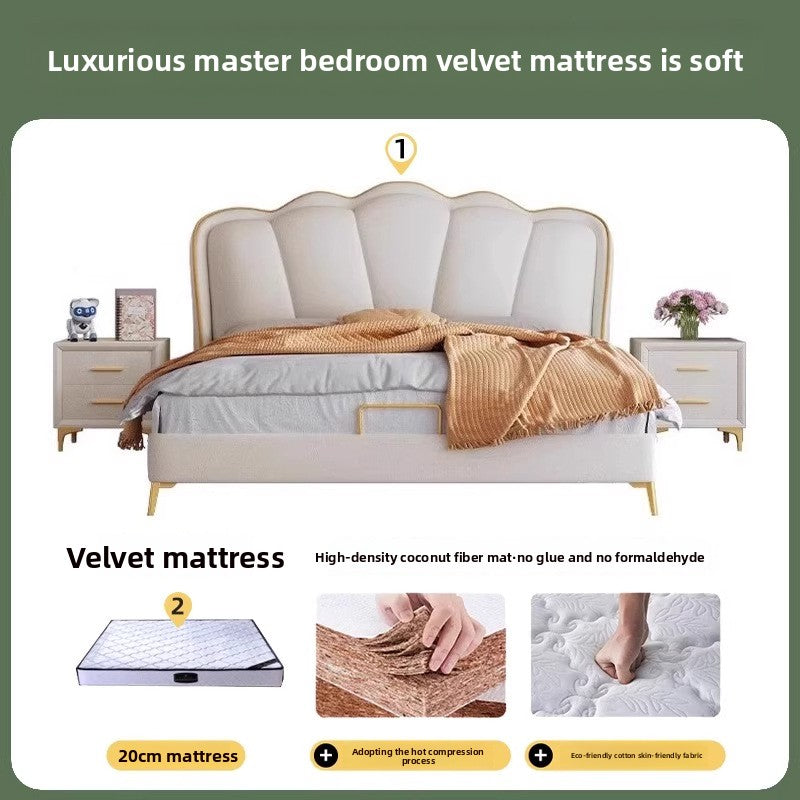 Soft cream statement bed shown with matching bedside styling