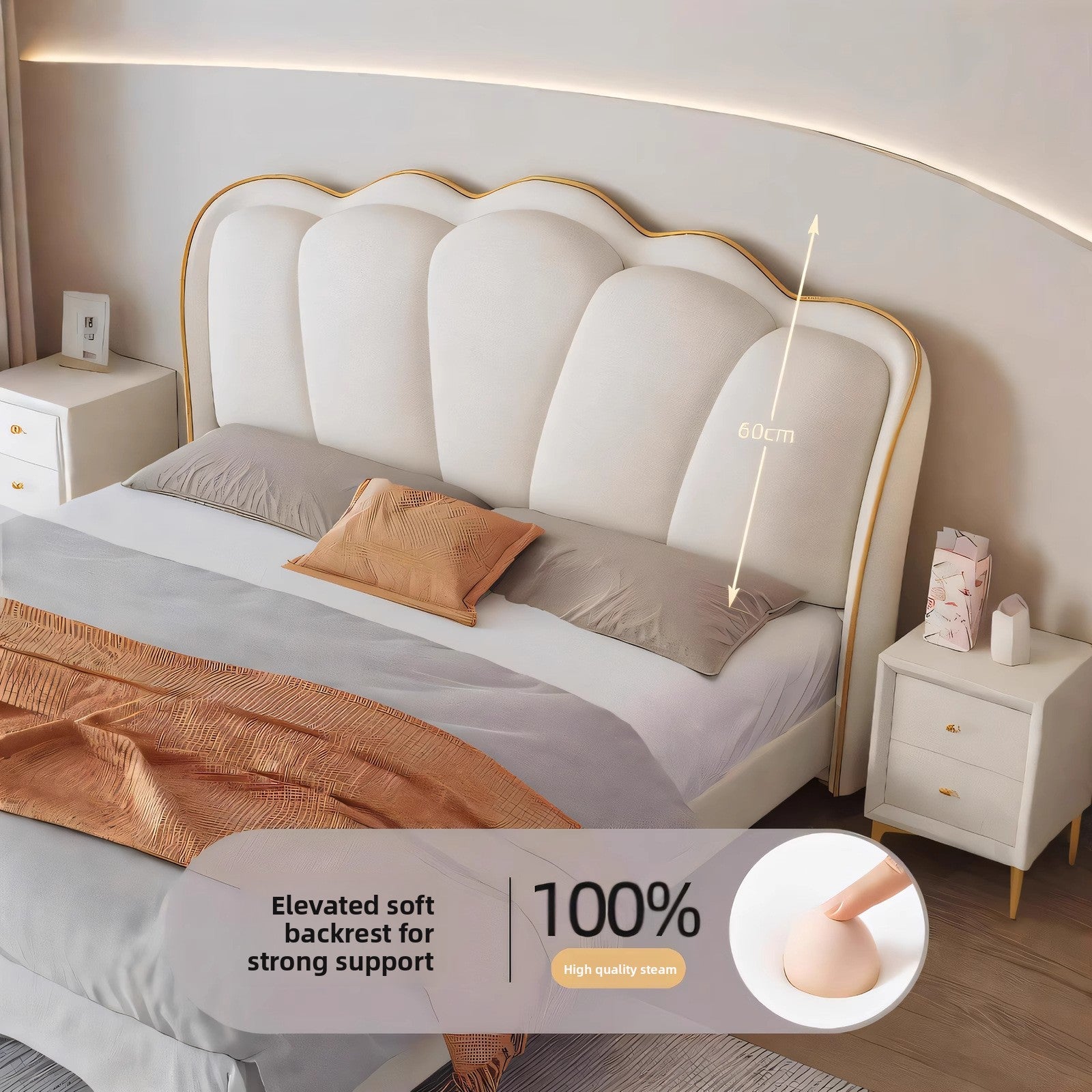 Cream upholstered bed with curved butterfly headboard in soft daylight