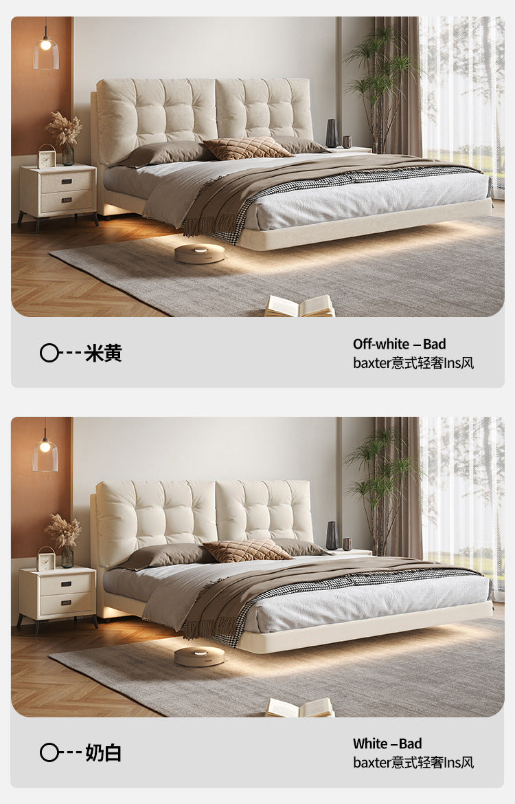Soft cream bed with clean floating profile for modern apartments