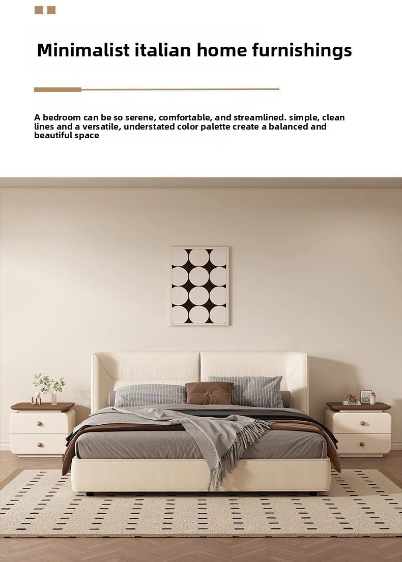 Beige upholstered bedside table with compact proportions and warm wood detail