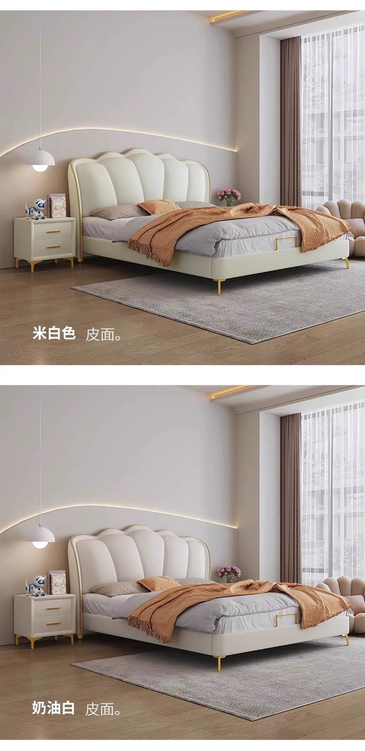 Cream upholstered butterfly bed styled in a calm modern bedroom