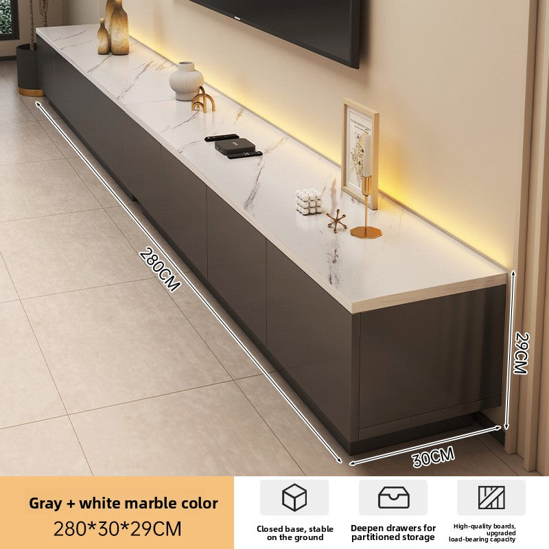 Warm gray low-profile TV stand in a modern living room layout
