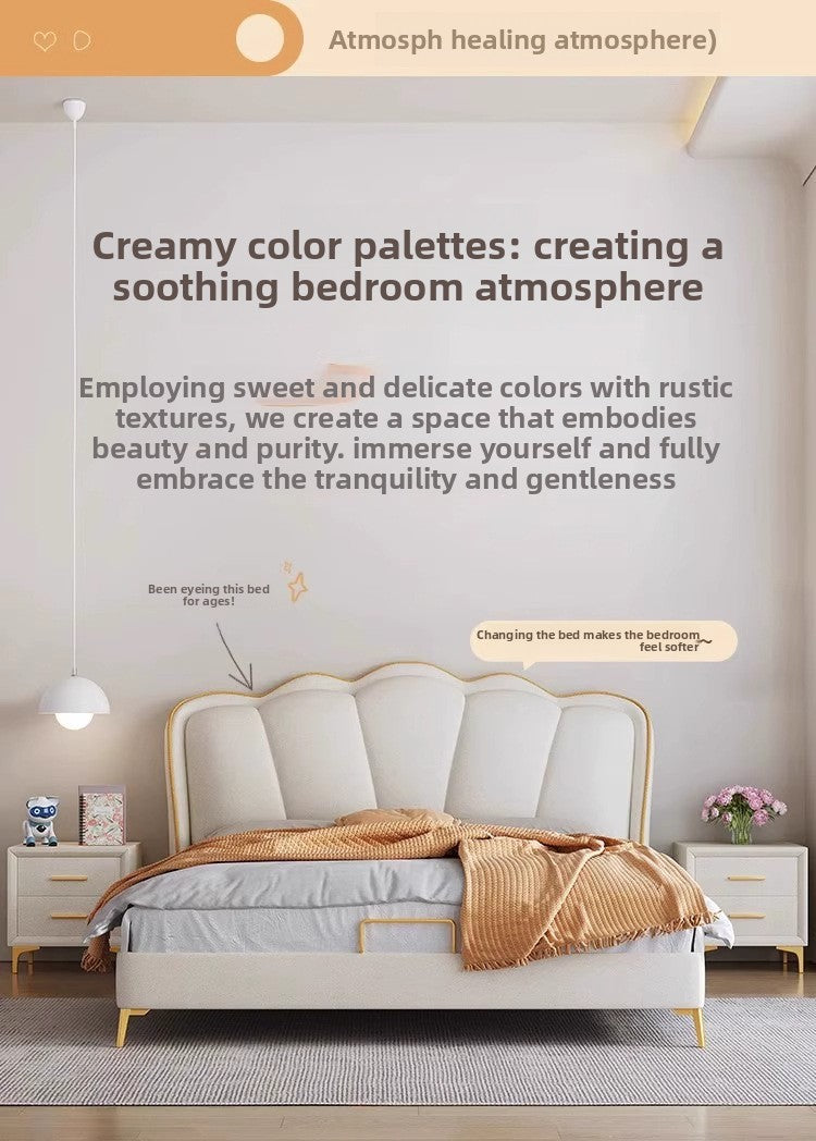 Soft cream bed frame shown with warm lighting and clean decor