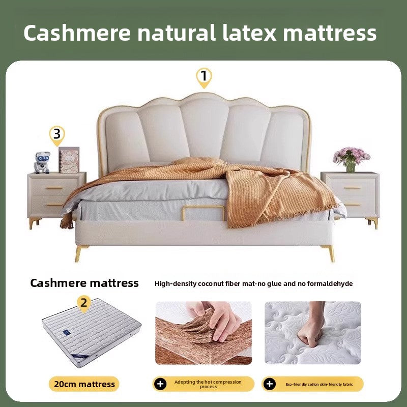 Cream upholstered bed styled with matching neutral bedding