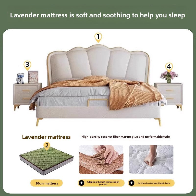 Butterfly headboard bed in a clean apartment bedroom layout