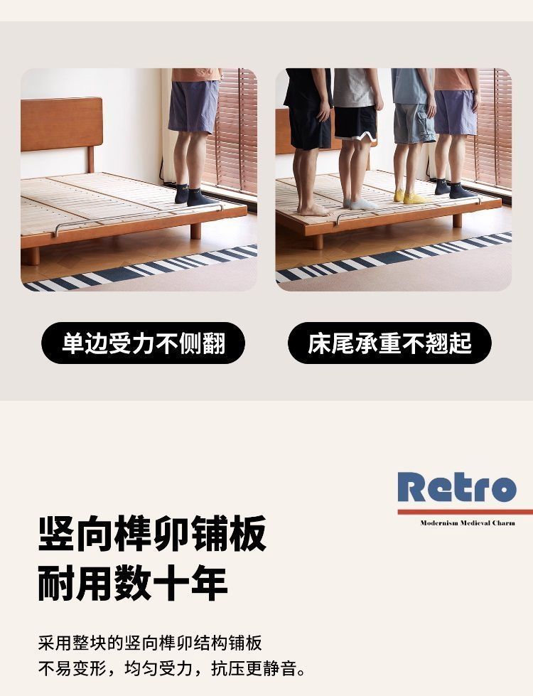 Solid wood bed with understated platform form and natural bedroom palette