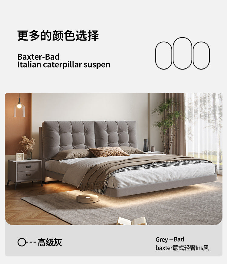 Floating-style bed frame styled with minimal neutral bedding