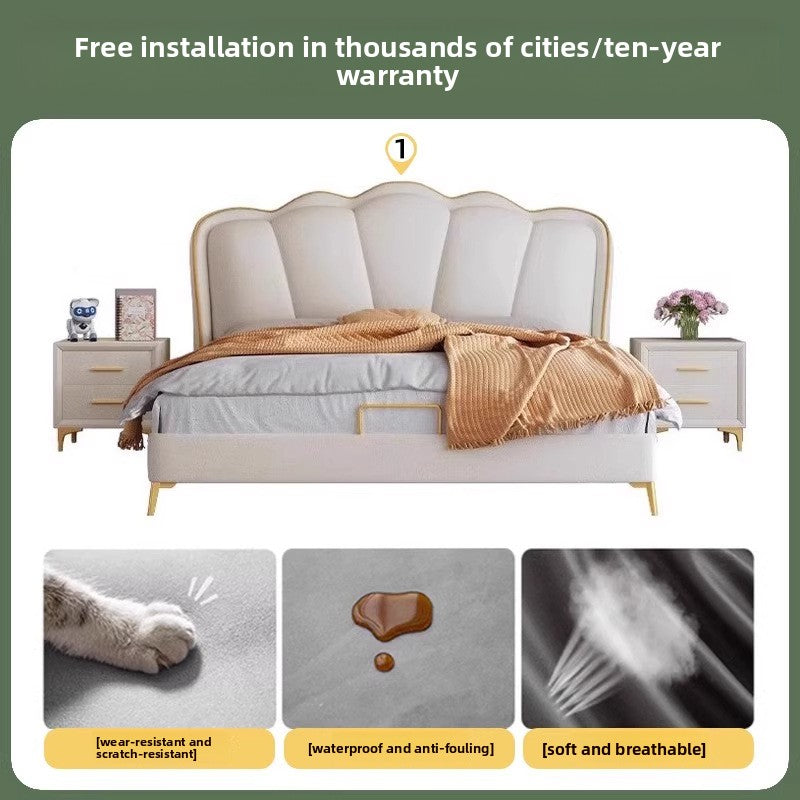 Contemporary upholstered bed with butterfly silhouette headboard