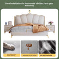 Contemporary upholstered bed with butterfly silhouette headboard
