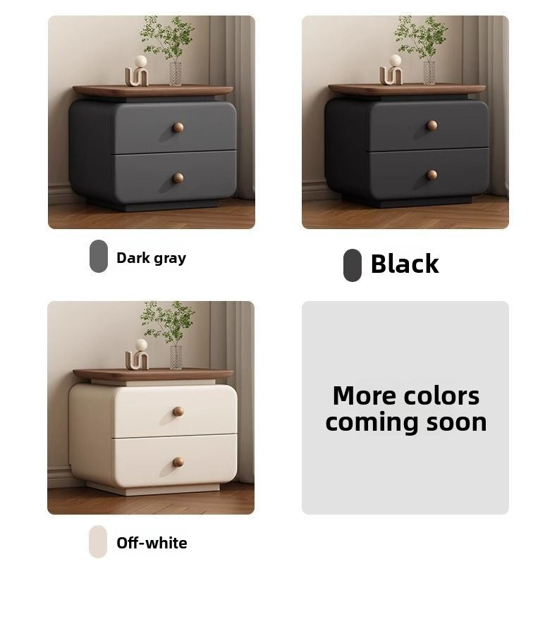 Neutral padded bedside cabinet with a solid wood drawer and calm apartment styling